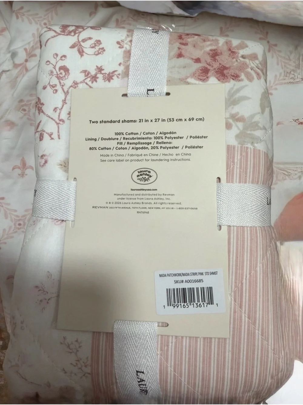 Laura Ashley 2PC Standard Sham Pair Nadi Pink White Patchwork 21x27 ~ Cottage